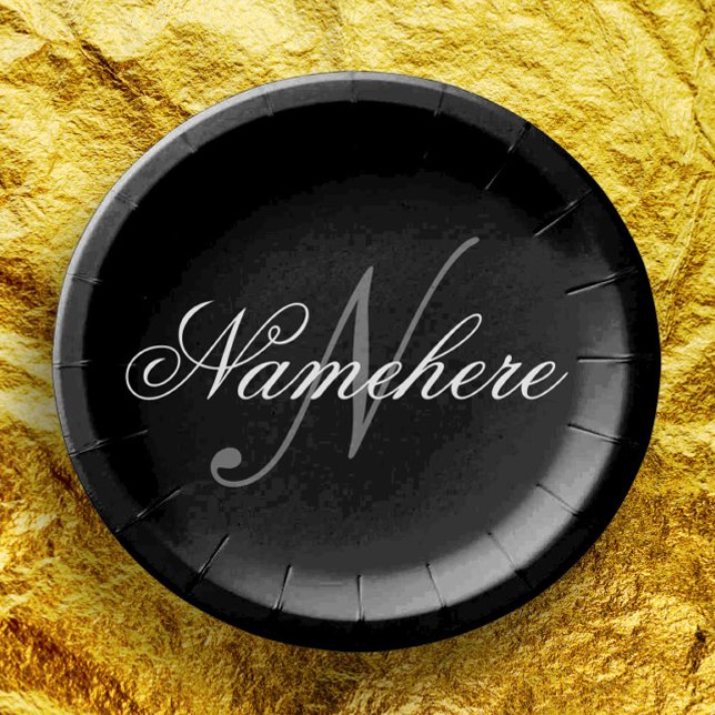 Unique Personalized Black and White Name Monogram Paper Plate (Creator Uploaded)