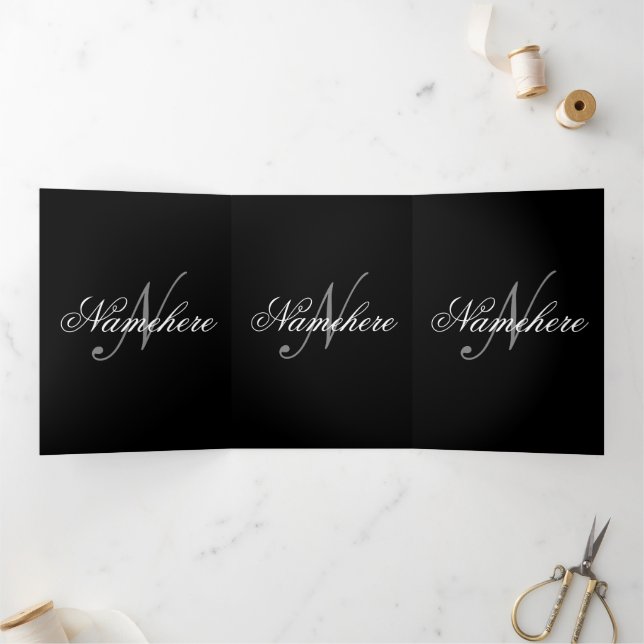 Unique Personalized Black and White Name Monogram Tri-Fold Card (Inside)