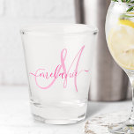 Unique Personalized Monogram Name Script Pink Shot Glass<br><div class="desc">Create your own personalized shot glasses with your custom modern handwriting script name and monogram. To edit this design template, change the text fields as shown above. You can easily add more text or images, customize fonts and colours. Treat yourself or make the perfect gift for family, friends, parents and...</div>