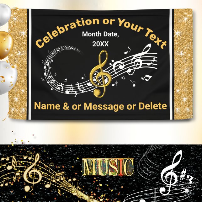 Unique Personalized Music Notes Banner Black, Gold (Music themed Banner. Music Graduation party ideas. Musical birthday party ideas. Musical Banners. )