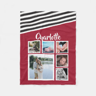 Unique Personalized Red Striped Photo Collage Fleece Blanket