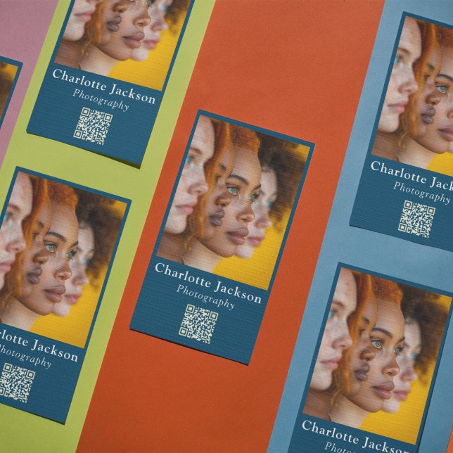 Unique Photo QR Code Navy Blue Photographer  Business Card (Creator Uploaded)