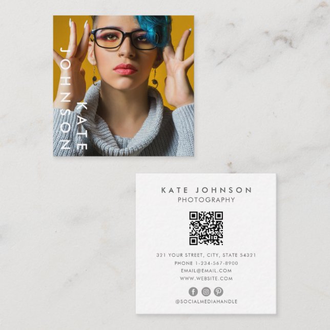 Unique Photography Professional Photo QR Code Square Business Card (Front/Back)
