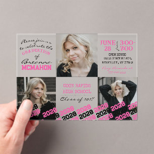 Unique Pink & Black Graduation 3 Photo Frosted  Acrylic Invitations