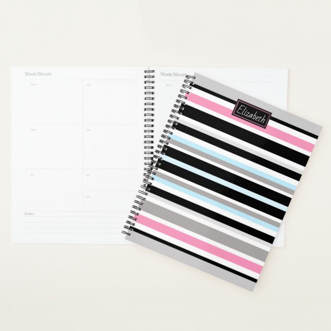 Unique Pink Black Stripes Pattern Personalized Planner (Display)