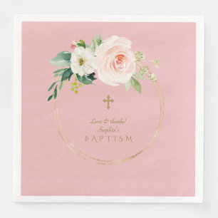 Unique Pink Blush Floral Gold Cross Baptism Napkin