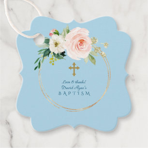 Unique Pink Blush Floral Gold Cross Boy Baptism Favour Tags