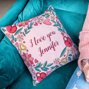 Unique Pink Floral Heart I love You Valentines Throw Pillow