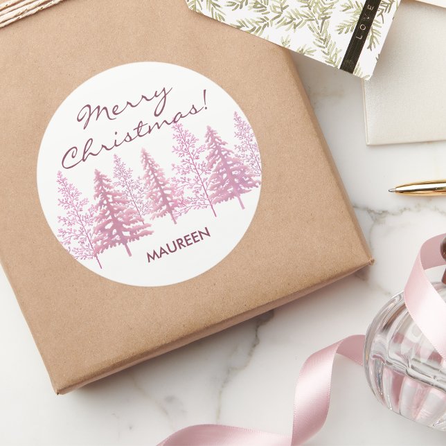 Unique Pink Flowering Trees Christmas Classic Round Sticker (Our festive stickers, featuring joyful pink accents, add a playful touch to your holiday packages.)