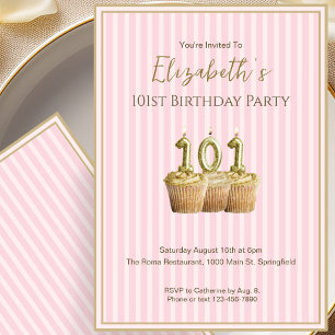 Unique Pink Gold 101st Birthday Invitation For Her