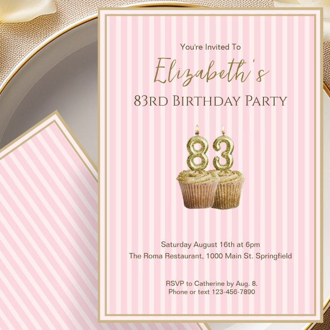 Unique Pink Gold 83rd Birthday Invitation For Her (Creator Uploaded)