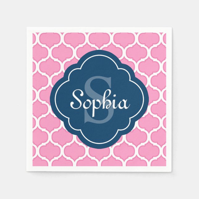 Unique Pink Lattice Pattern Navy Blue Monogram Napkin (Front)