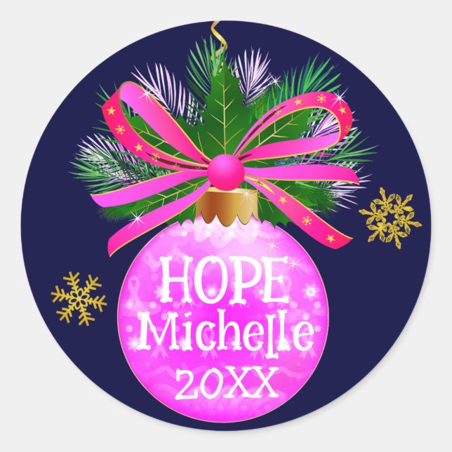 Unique Pink Ribbon Bauble Classic Round Sticker (Front)