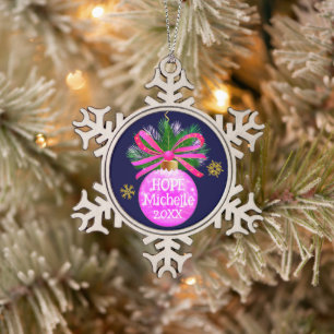 Unique Pink Ribbon Bauble Snowflake Pewter Christmas Ornament