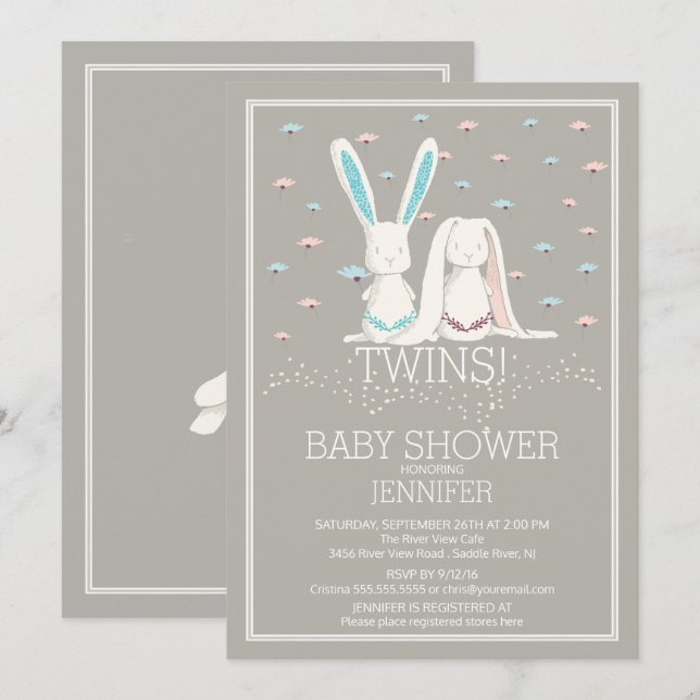 Unique Pink TWIN Girl & Boy Bunny Baby Shower Invitation (Front/Back)