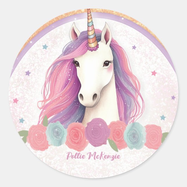 Unique Pink Unicorn, Roses, Rainbow Birthday Classic Round Sticker (Front)