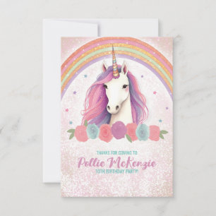 Unique Pink Unicorn, Roses, Rainbow Birthday Thank You Card