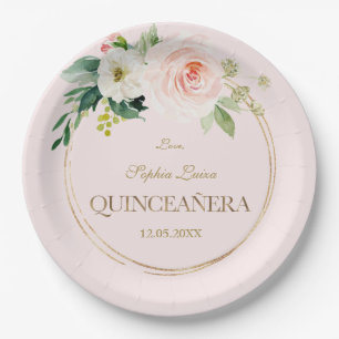 Unique Pink White Flowers Gold Quinceañera Paper Plate