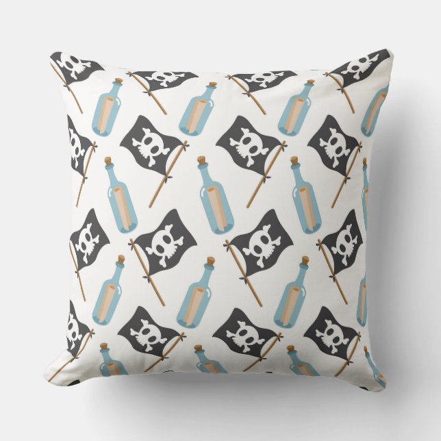 Unique Pirate Jolly Roger Flag Message Bottle Throw Pillow (Front)