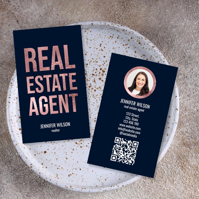 Unique Professional Real Estate Realtor QR Code Business Card (rose gold modern typography)