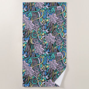 Unique Purple and Blue Floral Pattern Beach Towel
