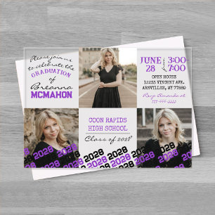 Unique Purple & Black Graduation 3 Photo Frosted  Acrylic Invitations
