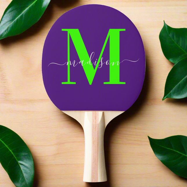 Unique Purple & Bold Neon Green Initial Monogram Ping Pong Paddle (Creator Uploaded)