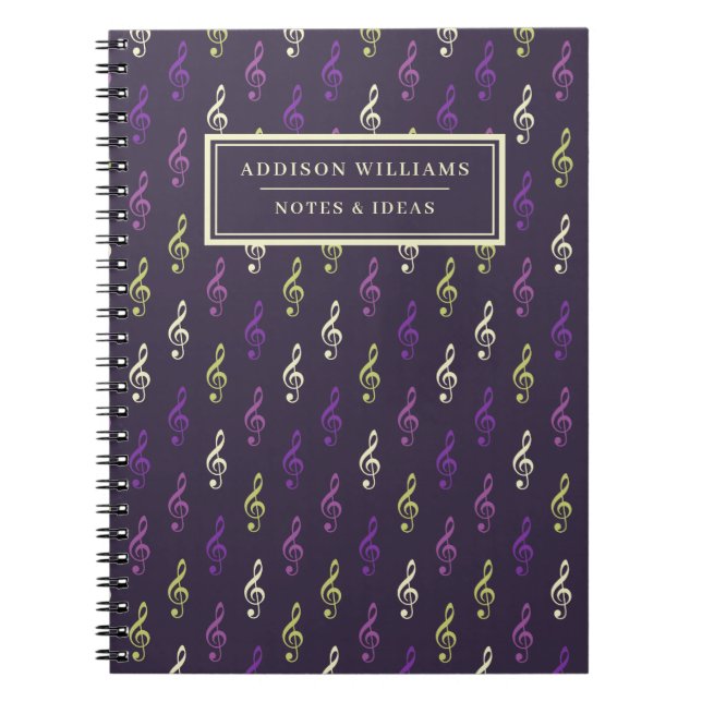 Unique Purple Music Note Pattern Custom Name Notebook (Front)