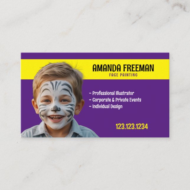 Unique Purple & Yellow Face Painter Artist Business Card (Front)