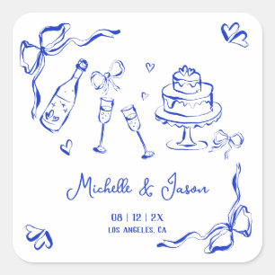 Unique Quirky Hand Drawn Blue French Bow Photo Square Sticker