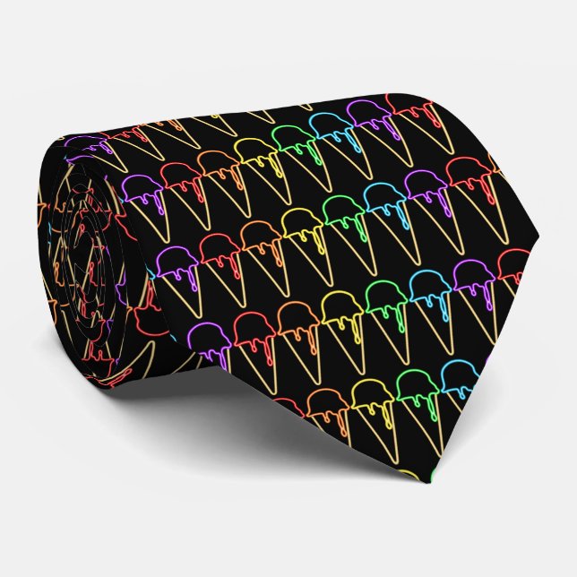 Unique Rainbow Neon Light Ice Cream Cones Pattern Tie (Rolled)