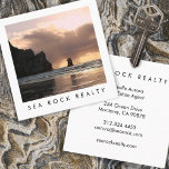 Unique Real Estate Agent Rocks Ocean Beach Photo  Square Business Card<br><div class="desc">This card has a photo background design. Perfect business card for those who just want the essentials. Change the text, font and colours of this customizable business card. Photography by me, keep it or change to your own photo. Check my shop for more business card designs! Perfect for real estate...</div>