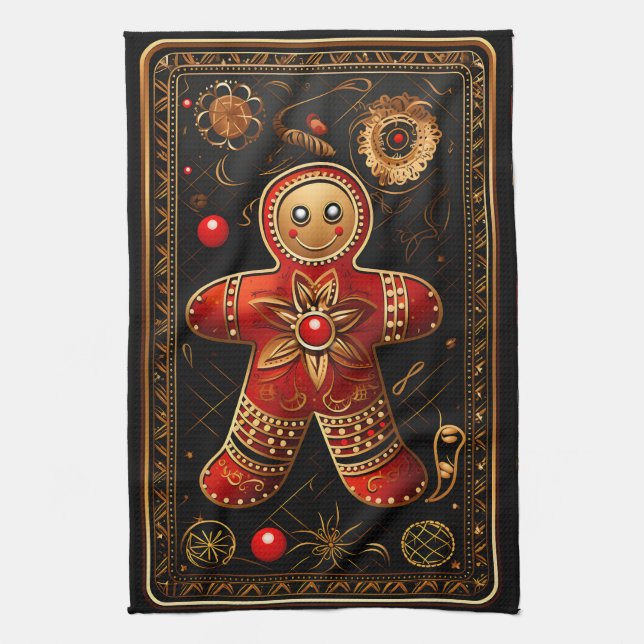 Unique Red and Gold Gingerbread Man Abstract Chris Kitchen Towel (Vertical)