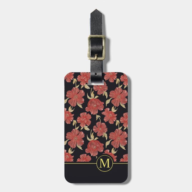 Unique Red Floral Blossoms Monogram | Luggage Tag (Front Vertical)