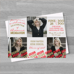 Unique Red & Gold Graduation 3 Photo Frosted Acrylic Invitations