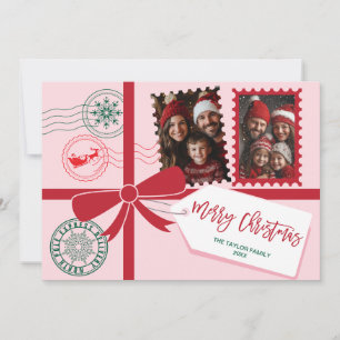 Unique Red Pink Gift Bow Photo Merry Christmas Holiday Card