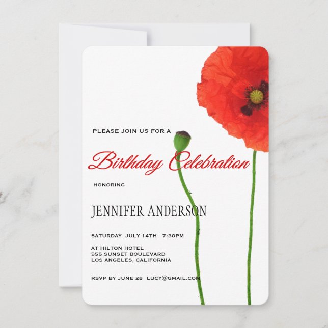 Unique Red Poppy Floral Simplicity Birthday Party Invitation (Front)