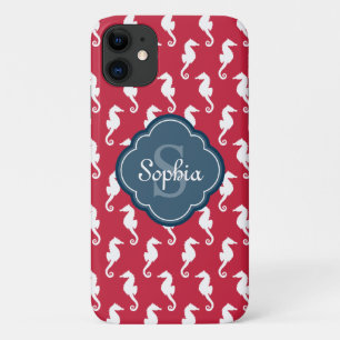 Unique Red Seahorse Pattern Blue Monogram iPhone 11 Case