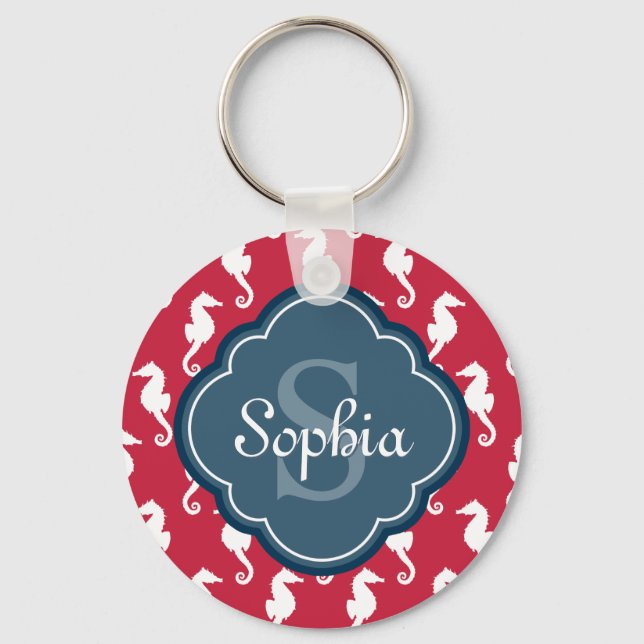 Unique Red Seahorse Pattern Blue Monogram Keychain (Front)