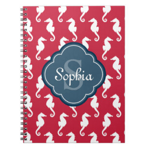 Unique Red Seahorse Pattern Blue Monogram Notebook