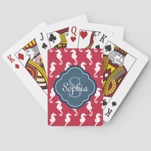 Unique Red Seahorse Pattern Blue Monogram Playing Cards (Back)