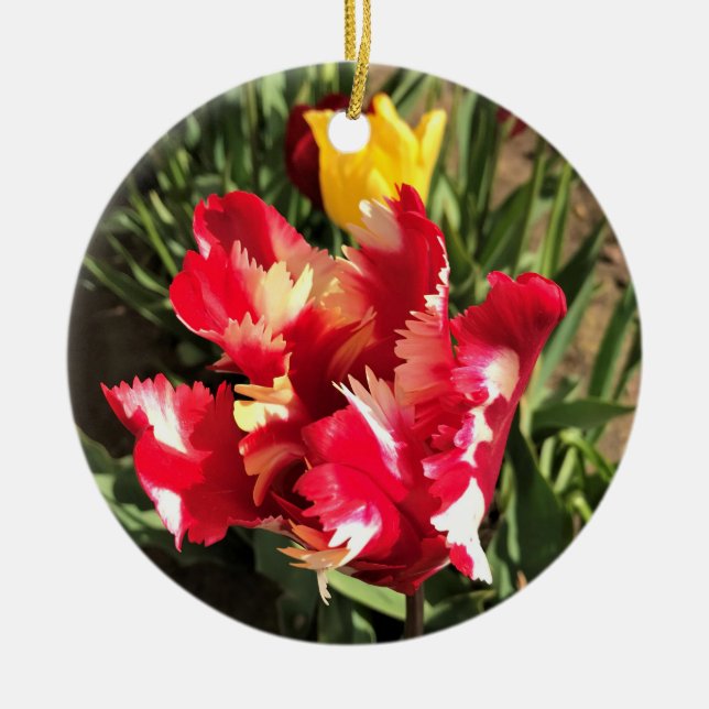 Unique Red & White Tulip Ceramic Ornament (Front)