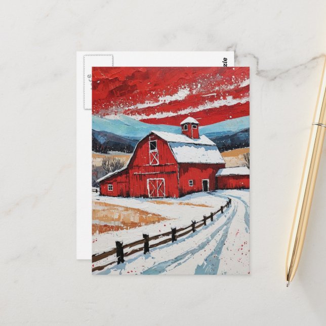 Unique Red Winter Barn Painting Postcard (Front/Back In Situ)