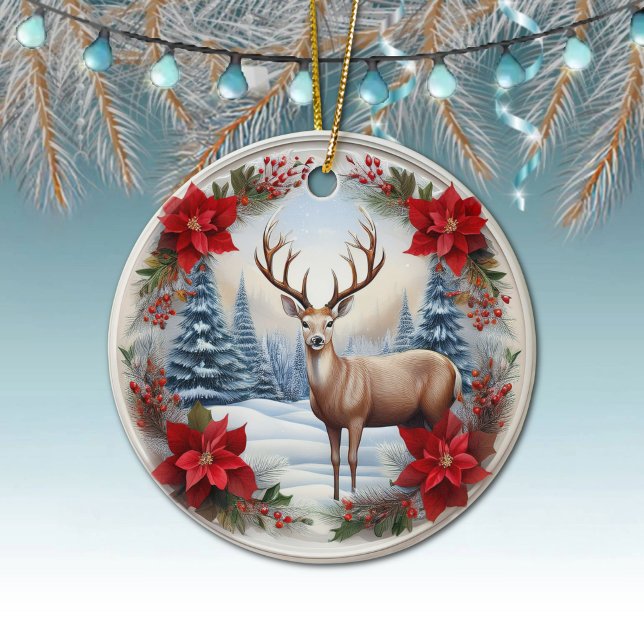 Unique Reindeer, Winter Scene Poinsettias, Deer 🦌 Ceramic Ornament (Reindeer, Deer Antlers, Floral Fawn, Doe, Poinsettia Flowers Winter Scene Ornament Front/Back 🦌🎄)