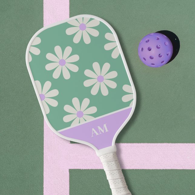 Unique Retro Floral Monogram Green & Lavender  Pickleball Paddle (Floral Unique Retro Green & Lavender Pickleball Paddle)