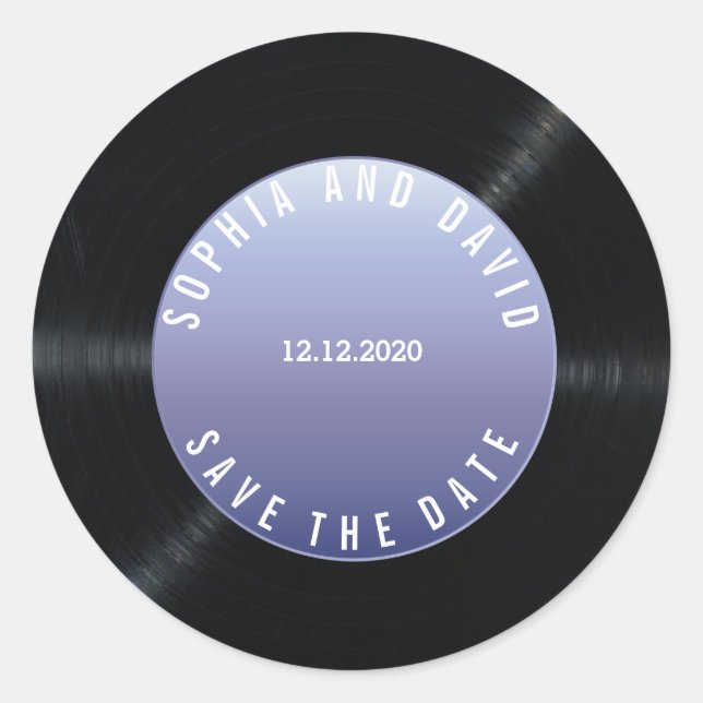 Unique Retro Vinyl Record Wedding SAVE THE DATE Classic Round Sticker (Front)