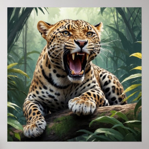 Unique Roaring Leopard in Jungle Animal Art Poster