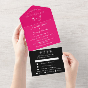 Unique RSVP Simple Magenta Hot Pink Black Wedding All In One Invitation