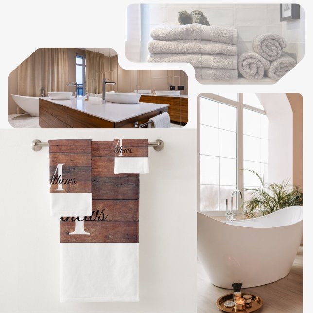 Unique Rustic Brick Pattern Monogram Name Custom Bath Towel Set (Rustic Brown Bathroom Towel.)