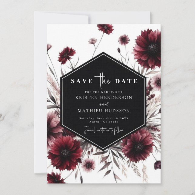 Unique Rustic Burgundy Wedding Save The Date (Front)